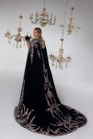 Dress with Black Velvet Back Cape - Floor-Length Elegance with Stones