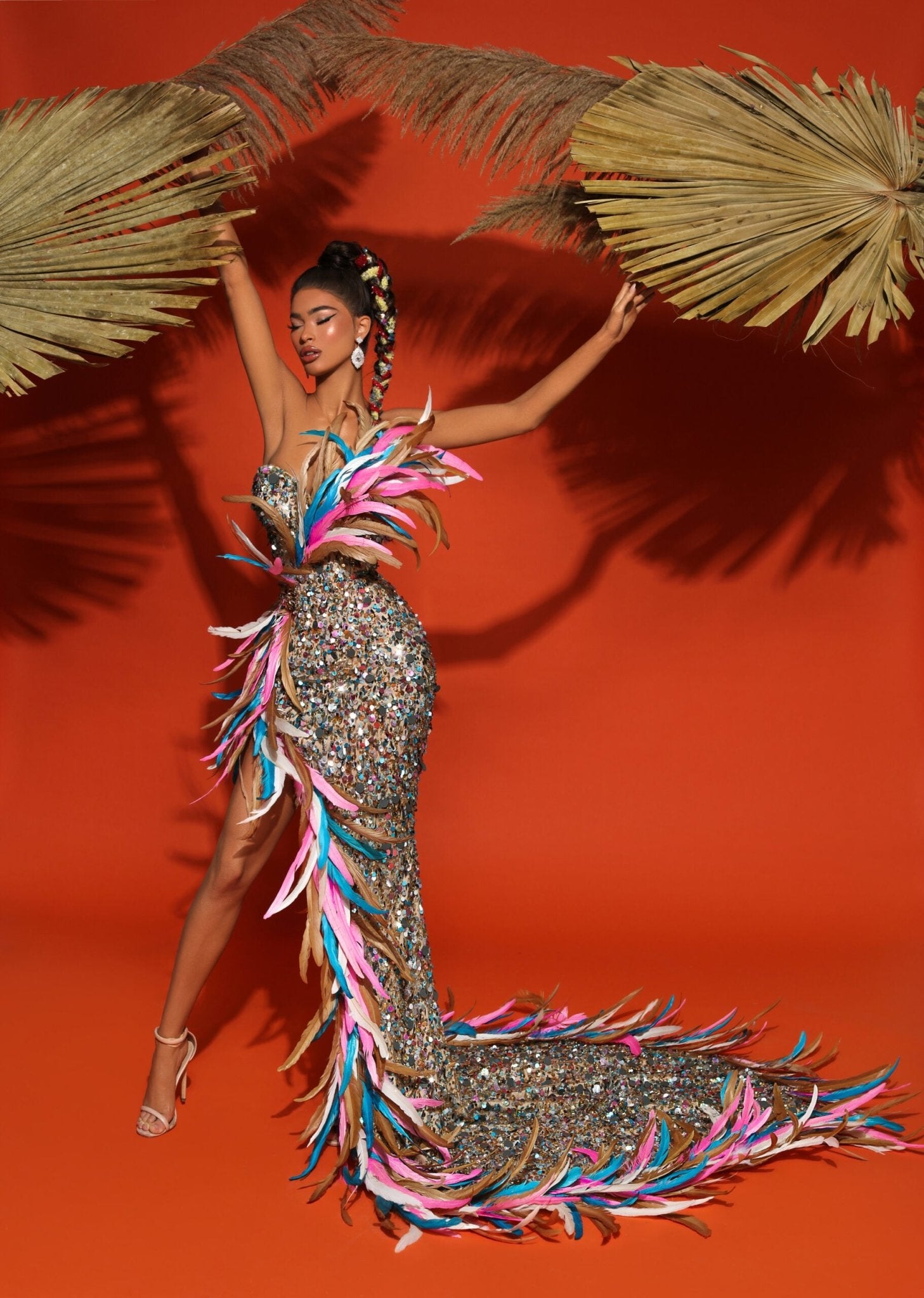 Deep SlitFeathersLong DressWomen - Blini Fashion House