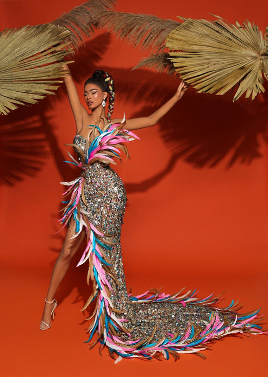 Deep SlitFeathersLong DressWomen - Blini Fashion House