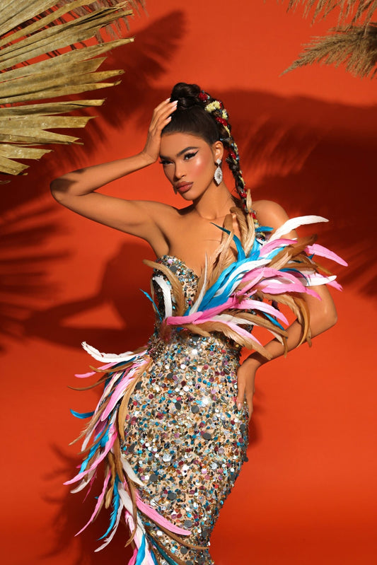 Deep SlitFeathersLong DressWomen - Blini Fashion House