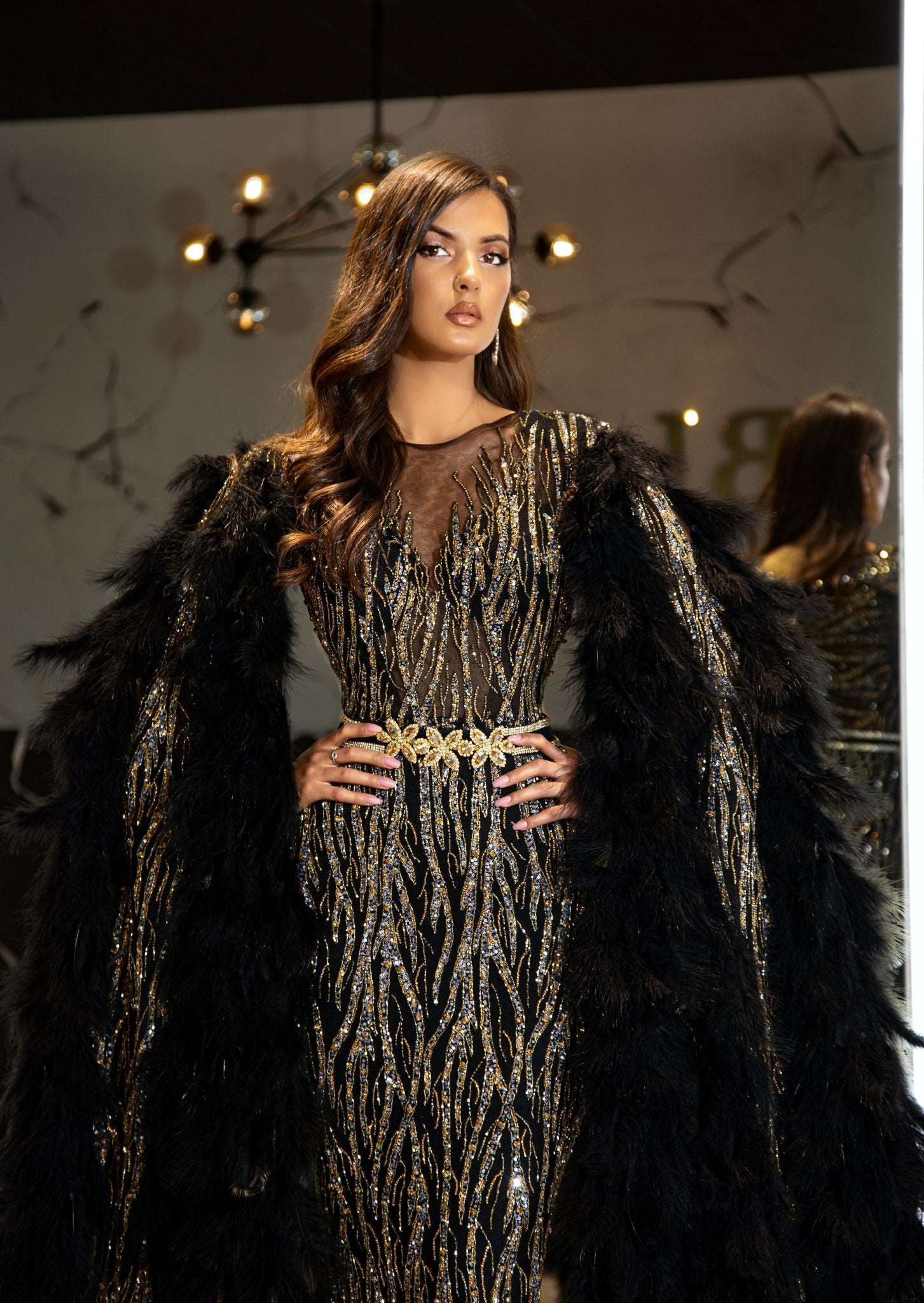 Feather top cape dress