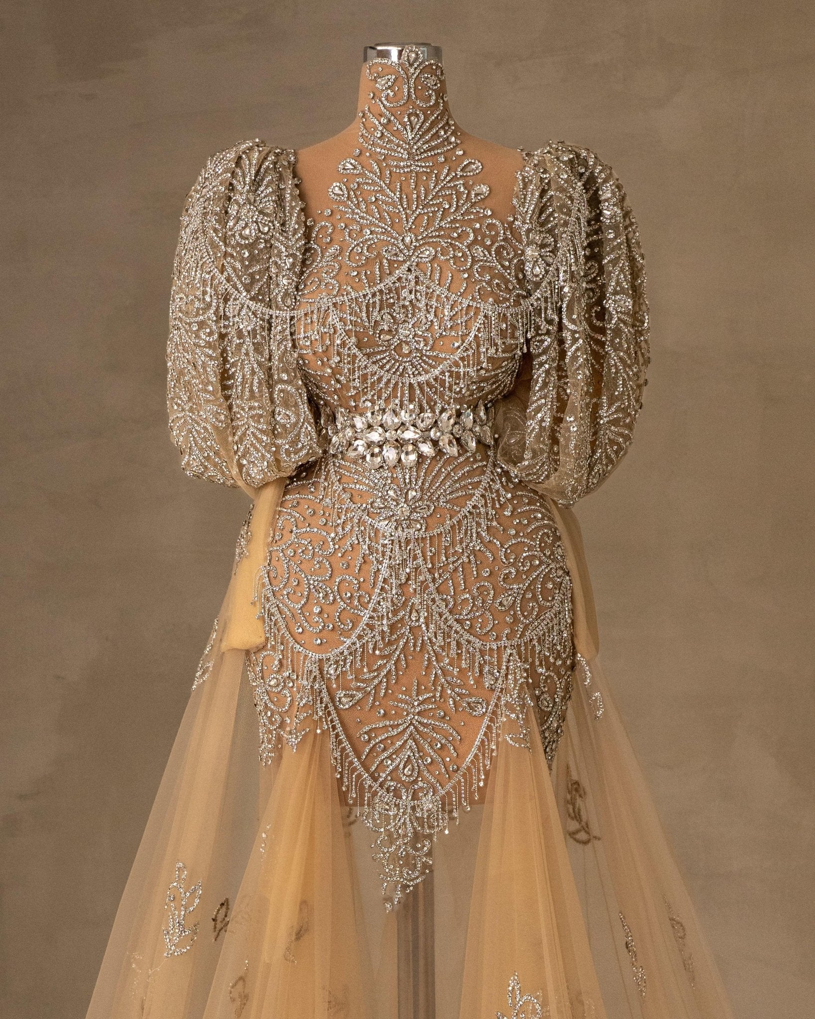 Silver Dress with Puff Sleeve and High Neck - Front View