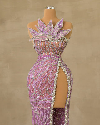 Elegant Sleeveless Dress with Deep-Slit Design, Adorned with Sparkling Stone Embellishments