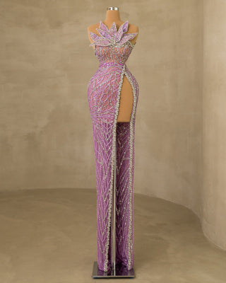 Stunning Stone Embellished Deep-Slit Sleeveless Dress for a Glamorous Look