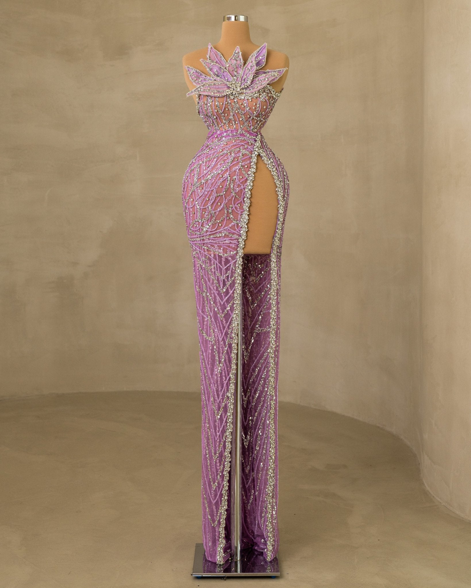 Stunning Stone Embellished Deep-Slit Sleeveless Dress for a Glamorous Look