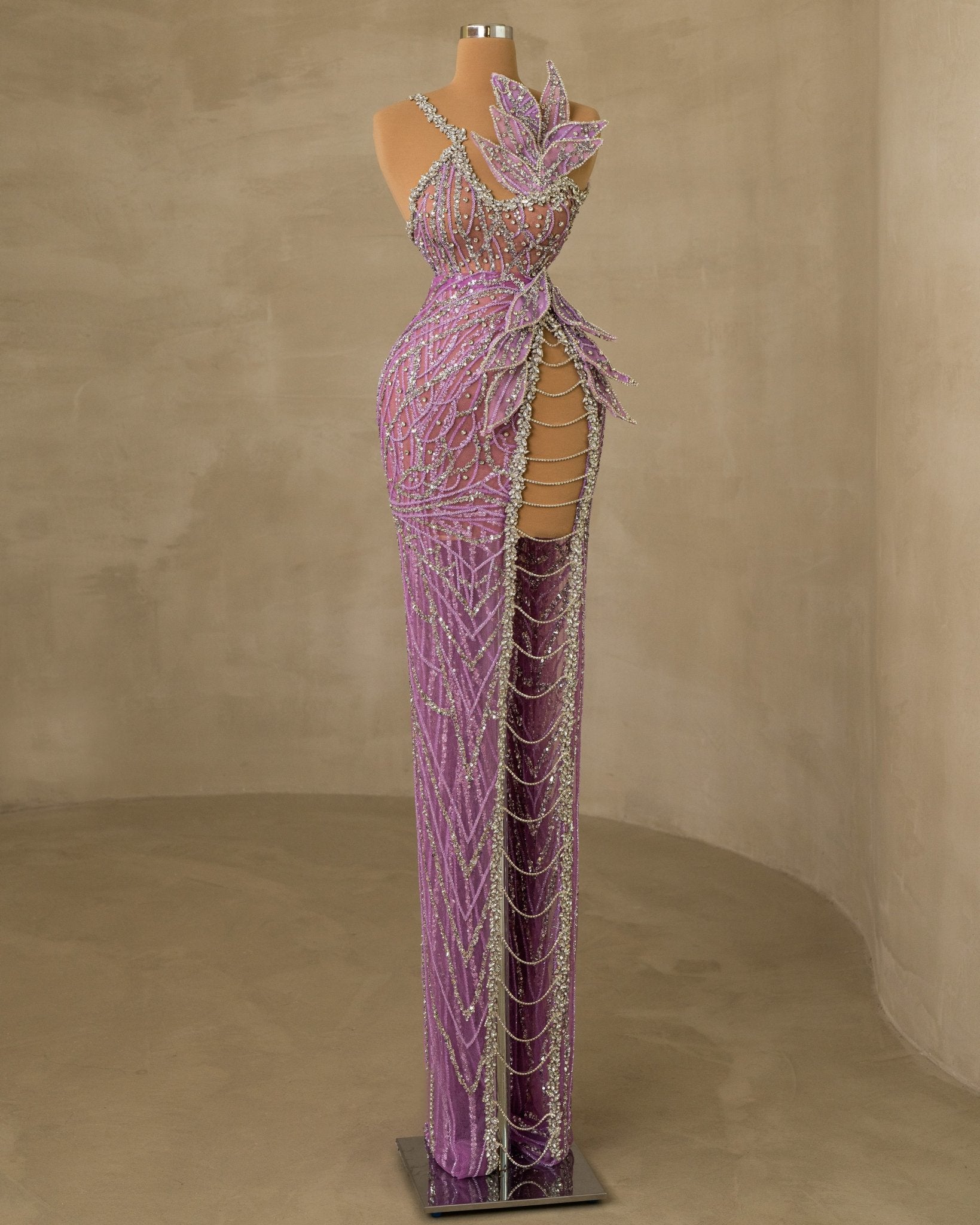 Stunning Stone Embellished Deep Slit Dress for a Glamorous Look