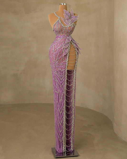 Stunning Stone Embellished Deep Slit Dress for a Glamorous Look