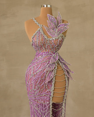 Elegant Deep Slit Dress Adorned with Sparkling Stone Embellishments