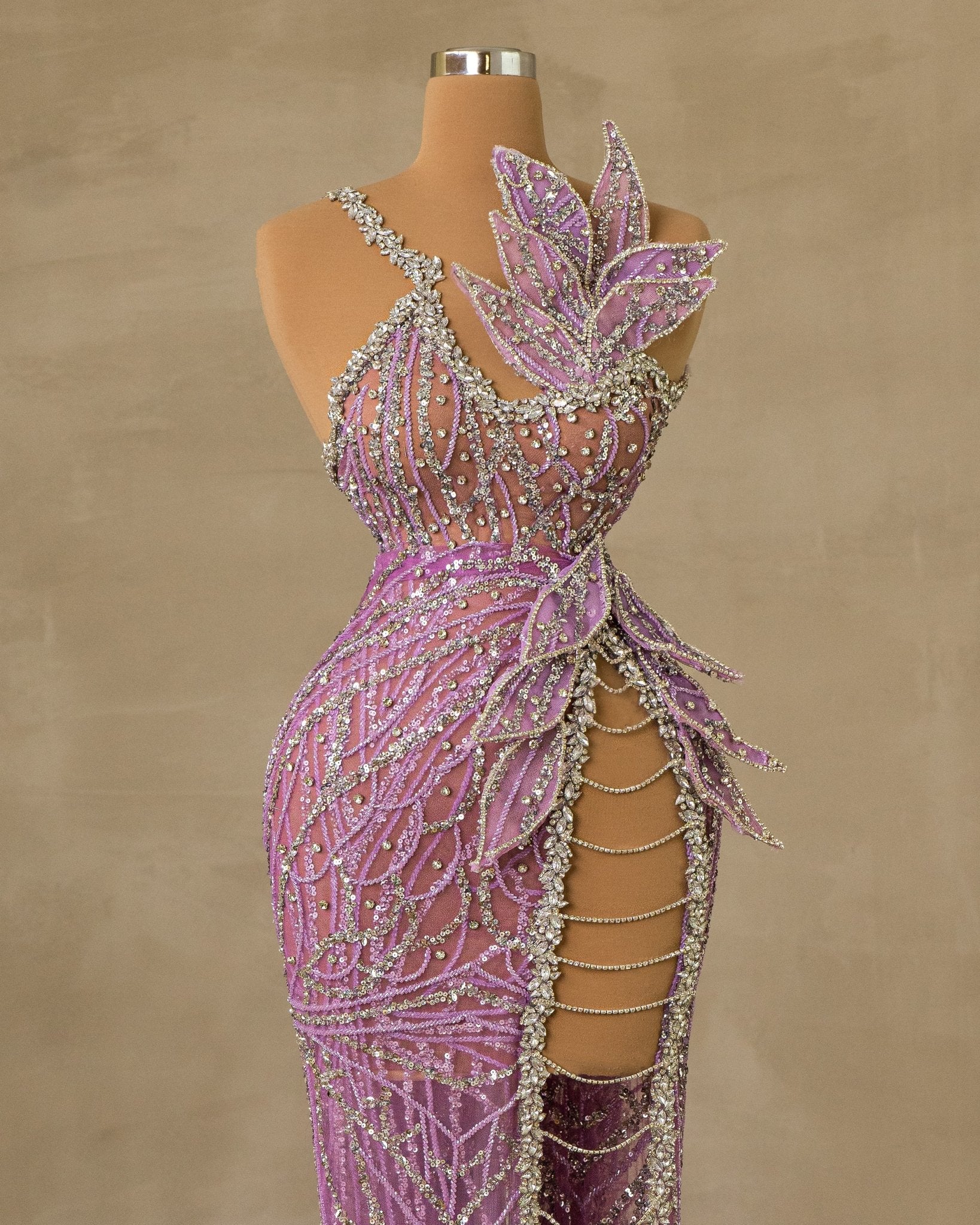 Elegant Deep Slit Dress Adorned with Sparkling Stone Embellishments