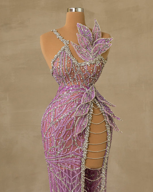 Elegant Deep Slit Dress Adorned with Sparkling Stone Embellishments