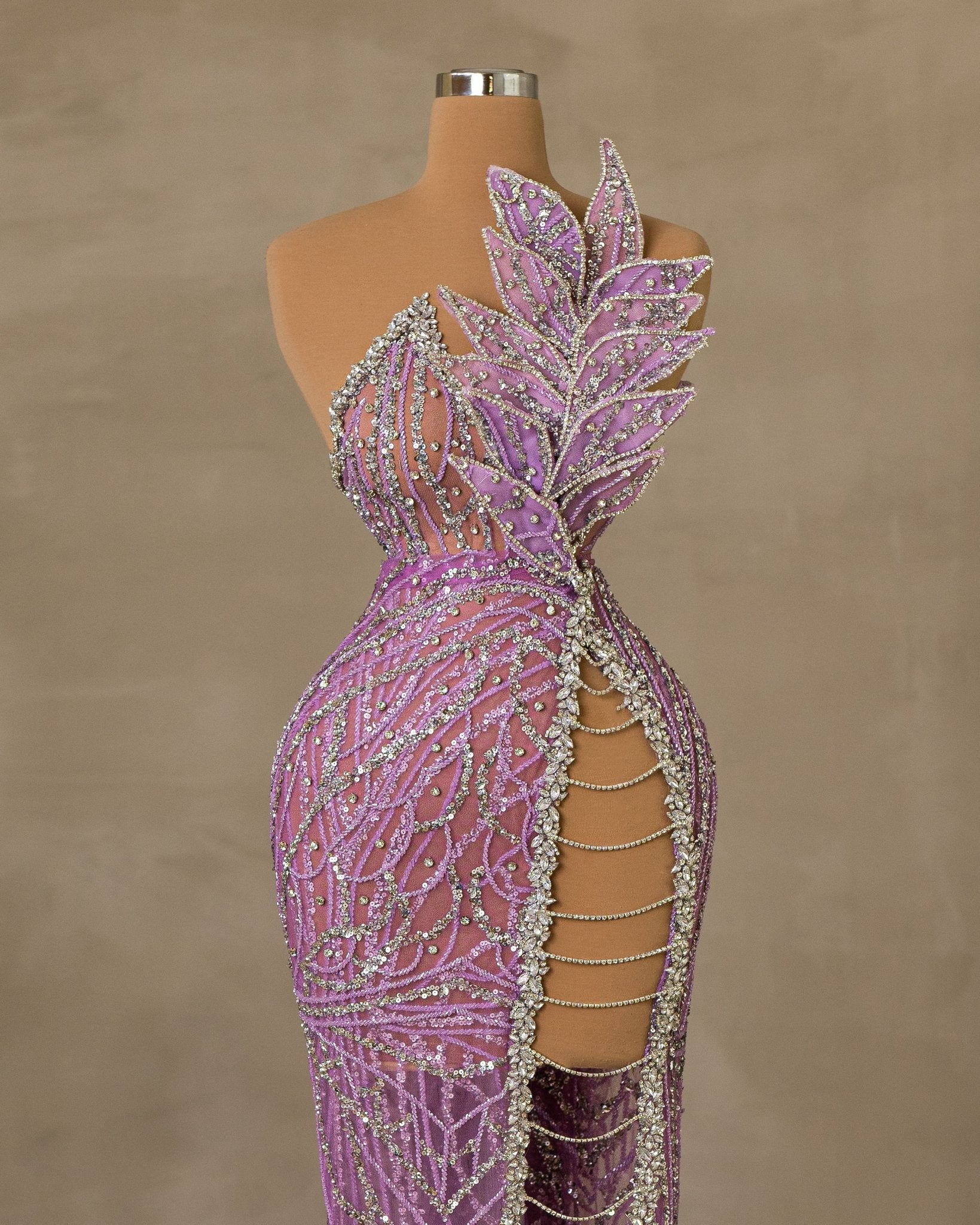 Elegant Sleeveless Dress with Deep Slit, Adorned with Sparkling Stone Embellishments