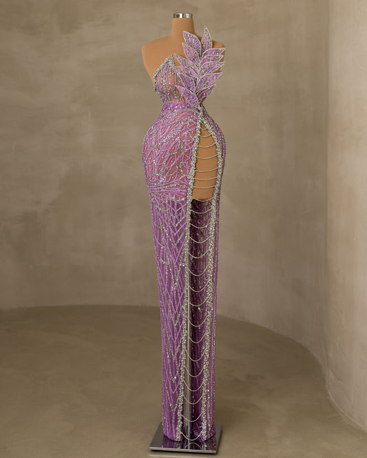 Stunning Stone Embellished Sleeveless Dress featuring a Deep Slit Design