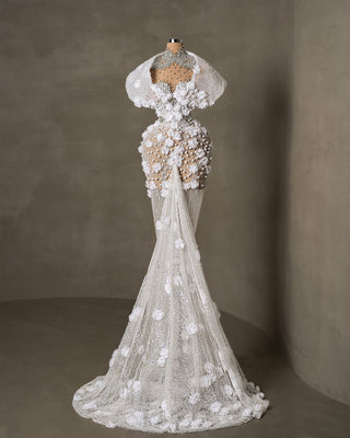 Luxury Bridal Gown Adorned with 3D Flowers and Stones - Unforgettable Wedding Attire