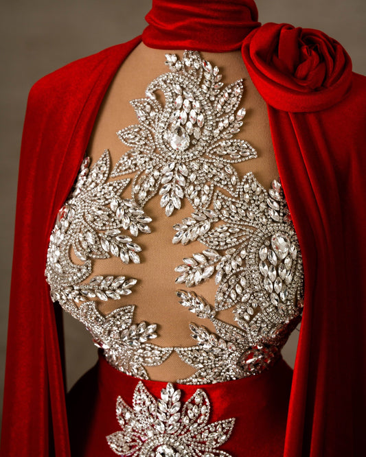Silver Embellished Bodice of Velvet Dress