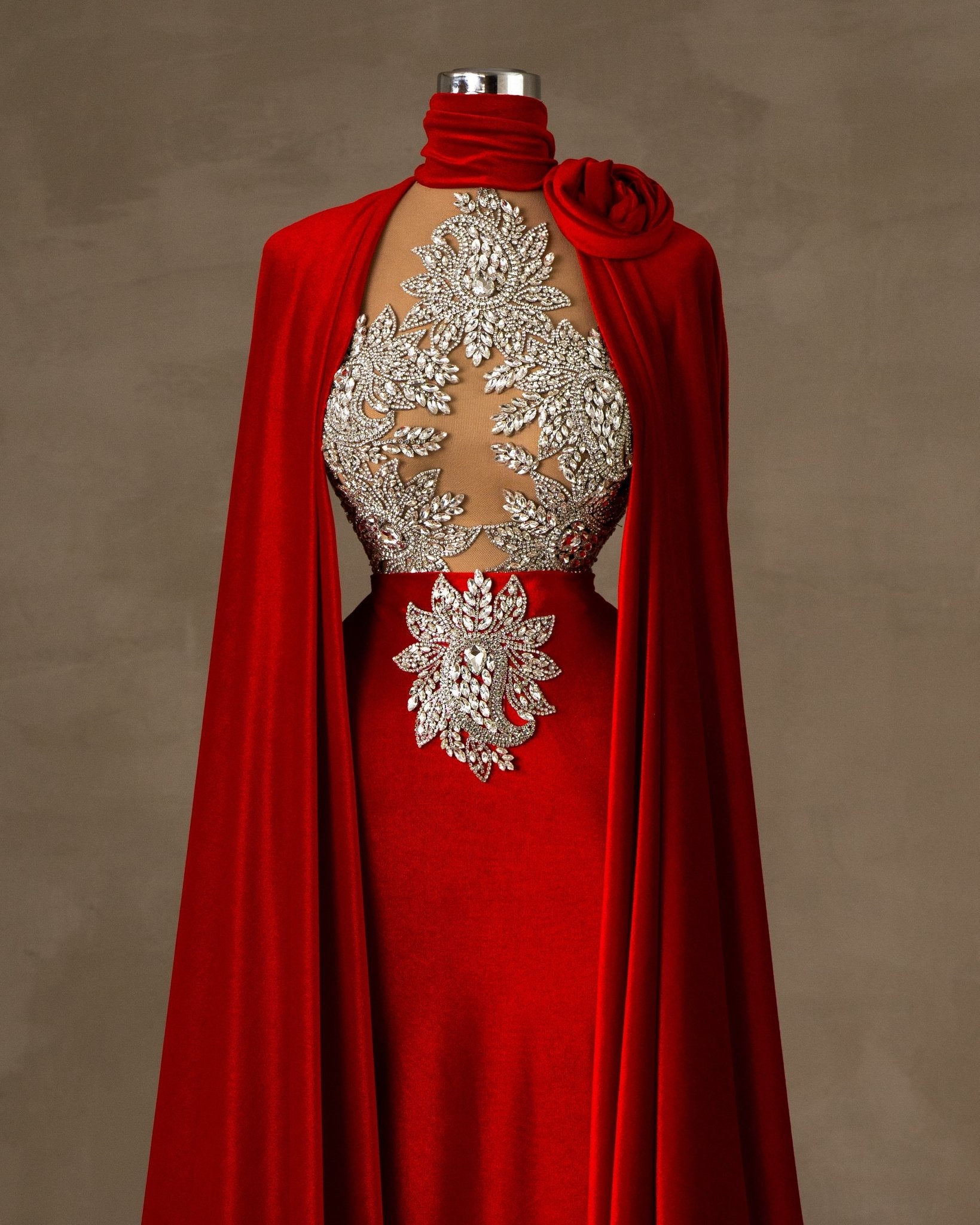 Red Velvet Dress with Silver Embellishments