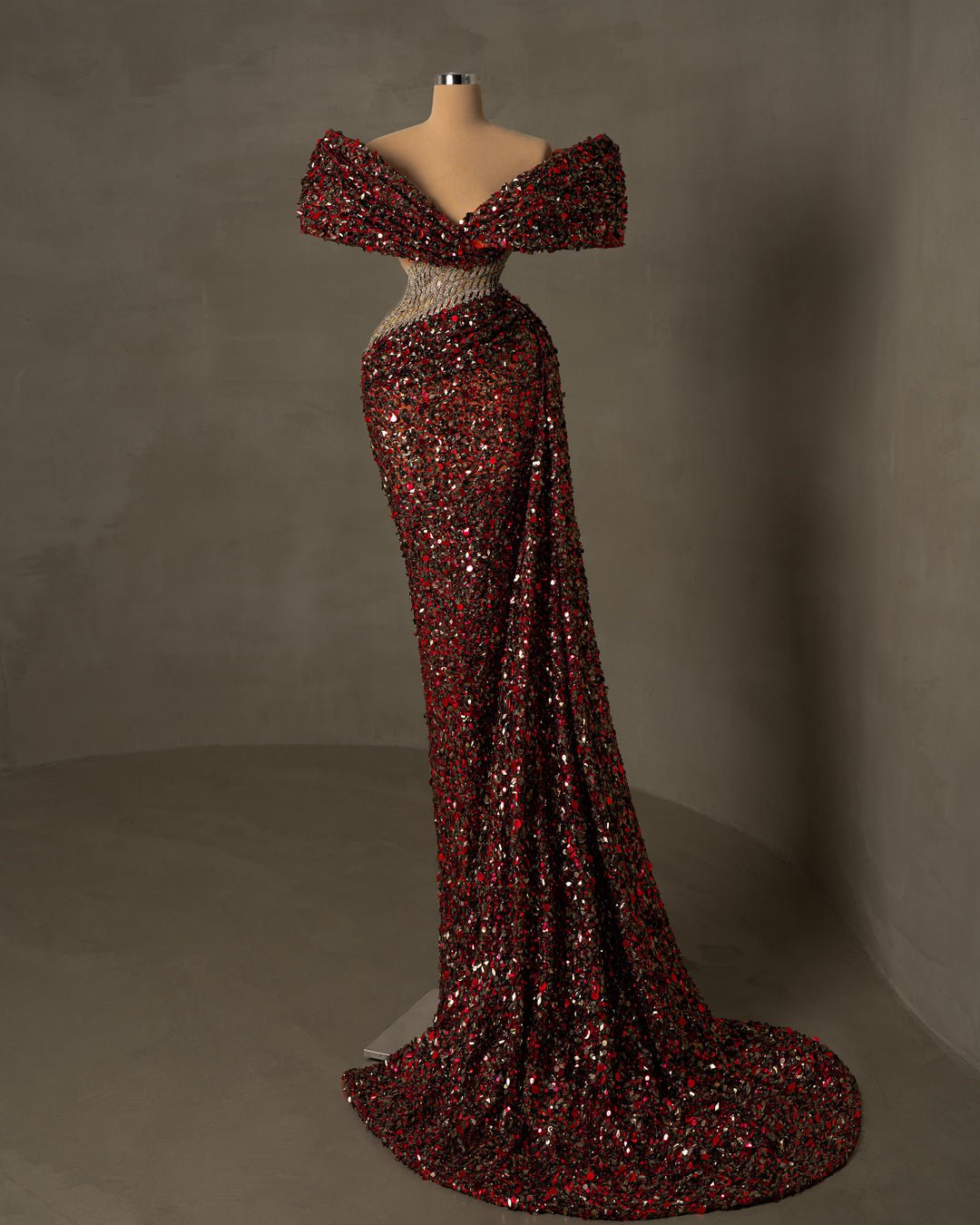  Off-Shoulder Sequin Dress for Formal Occasions - Red and Black Glamour