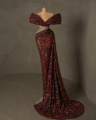  Off-Shoulder Sequin Dress for Formal Occasions - Red and Black Glamour