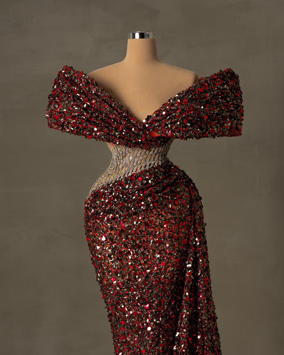 Off-Shoulder Dress in Red and Black - Sequin Embellished Evening Gown