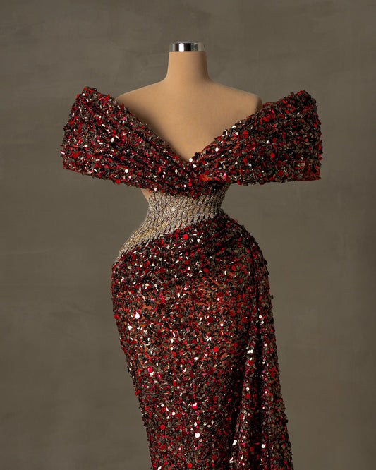 Off-Shoulder Dress in Red and Black - Sequin Embellished Evening Gown
