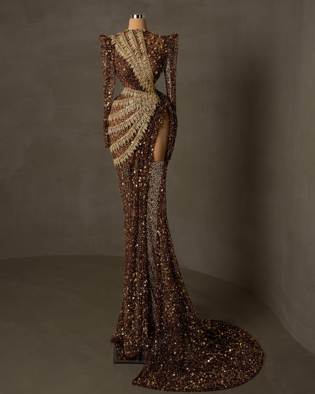 Brown Evening Dress with Sparkling Sequins and Gold Embellishments