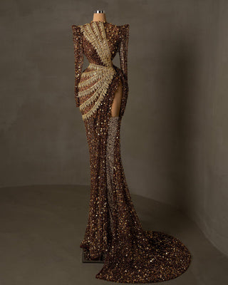 Brown Evening Dress with Sparkling Sequins and Gold Embellishments
