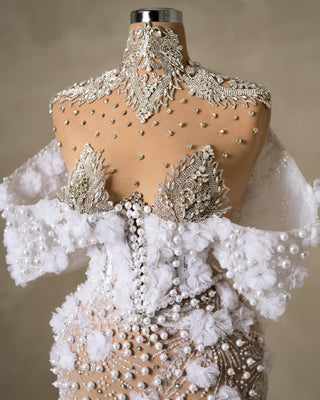 Intricate Chest Details on Bridal Gown: Pearls and Crystals Adorned