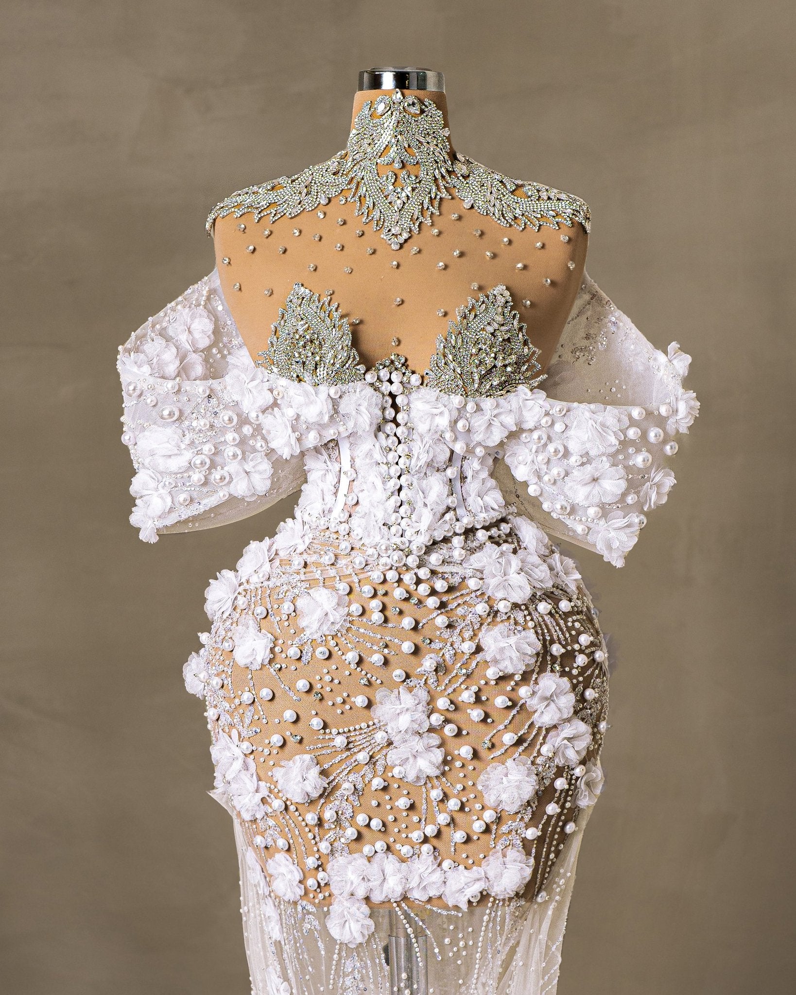 Elegant Bridal Dress with 3D Flowers, Pearls, and Crystal Embellishments