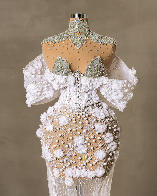 Elegant Bridal Dress with 3D Flowers, Pearls, and Crystal Embellishments
