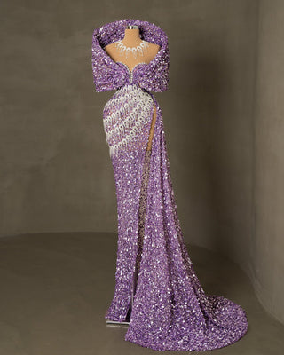 Purple Sequin Gown with Silver Embellishments