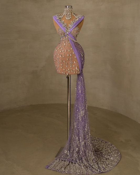 Elegant Short Purple Dress with Gemstone Embellishments