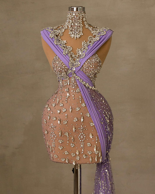 Purple Short Dress Embellished with Stones - Front View