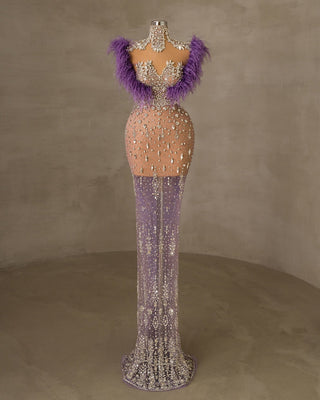 Elegant Sleeveless Dress with Feather Detailing and Gemstone Embellishments