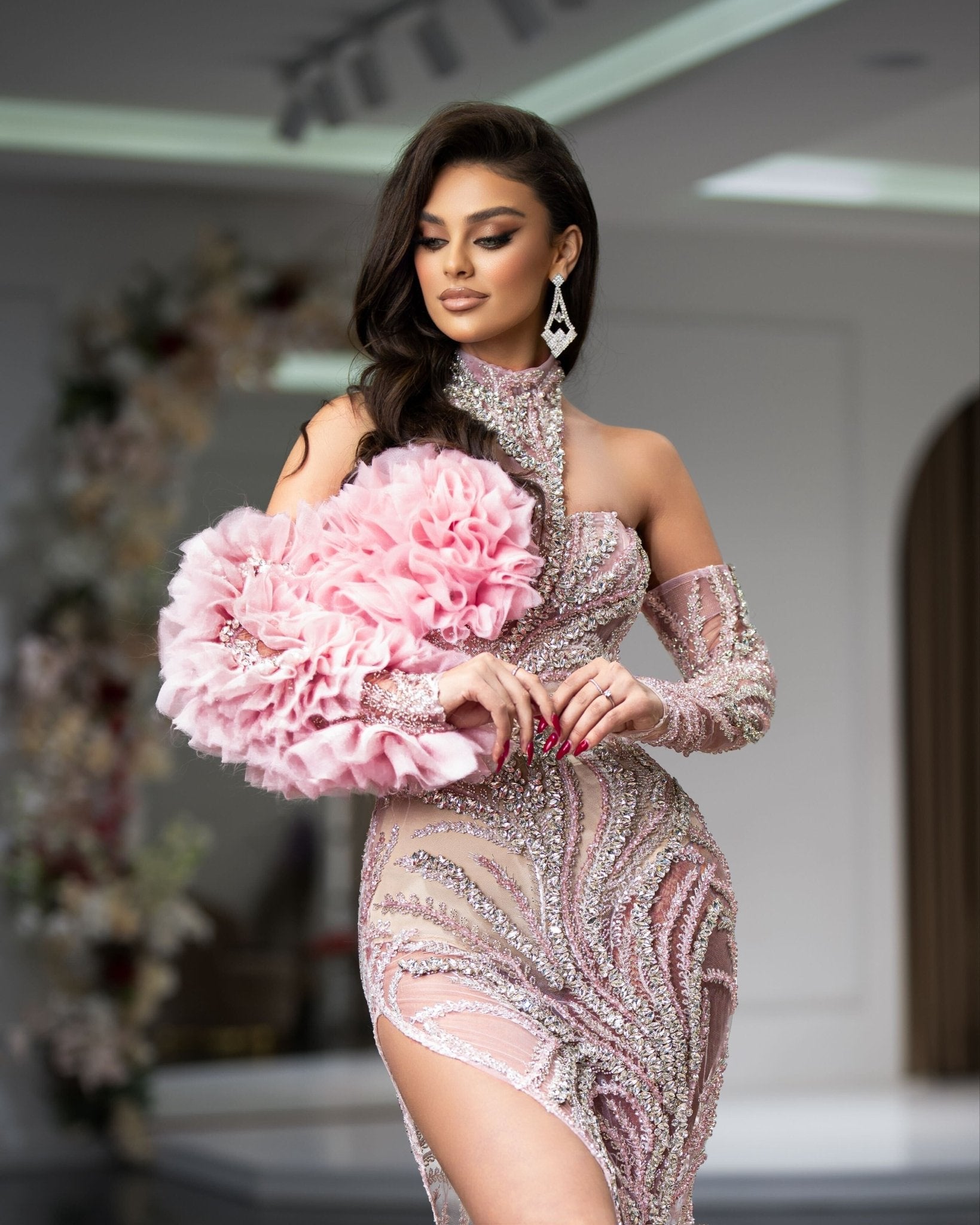 Light pink dress with high neck and deep slit