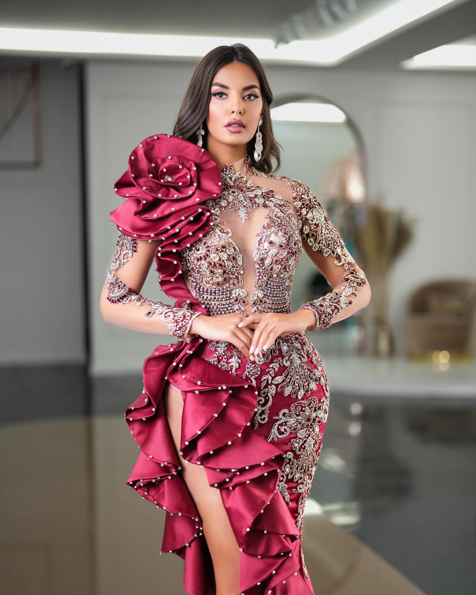 BeadsCrystalsDeep SlitWomen - Blini Fashion House