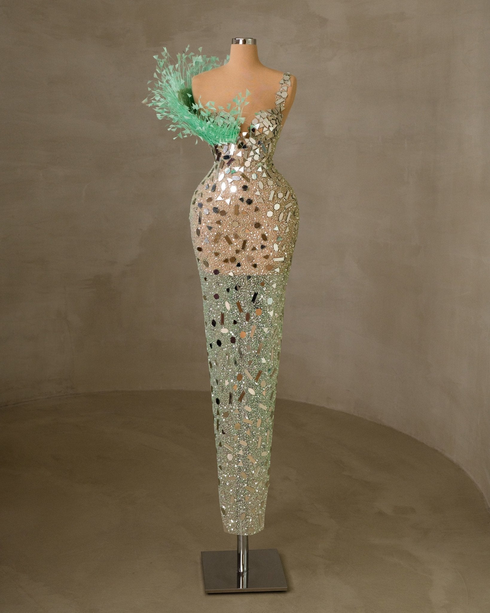 Elegant Long Dress Adorned with Mirrors