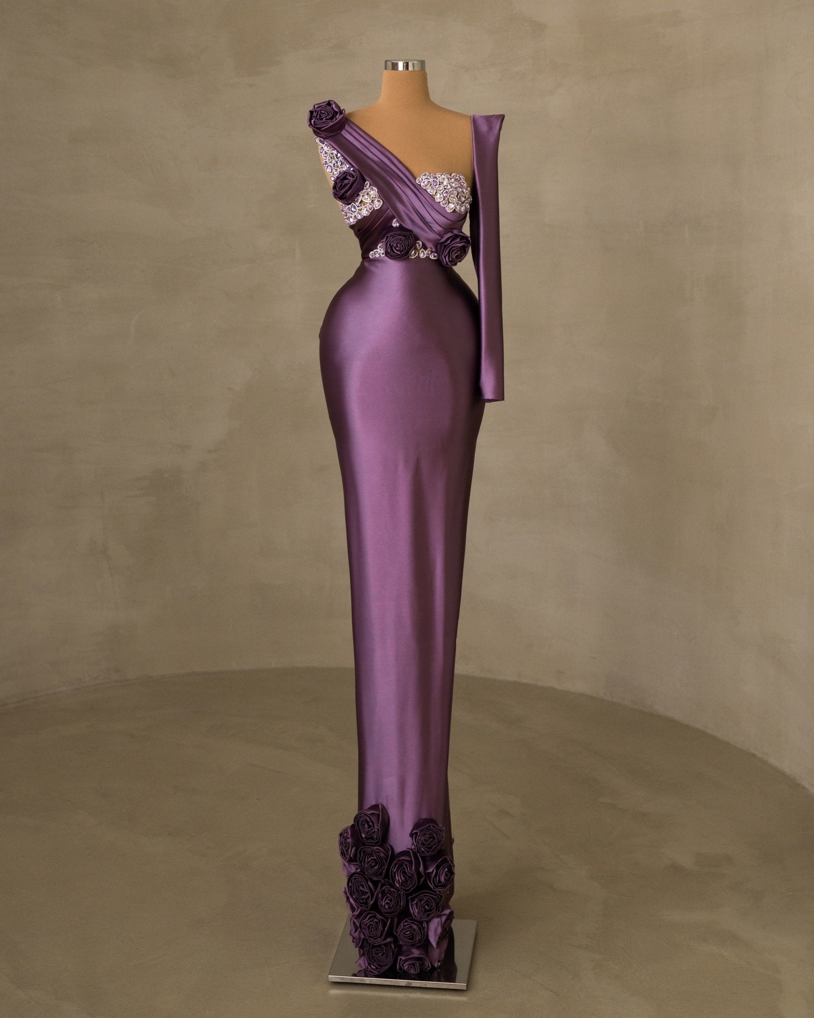Elegant Purple Satin Evening Gown with One Shoulder Design