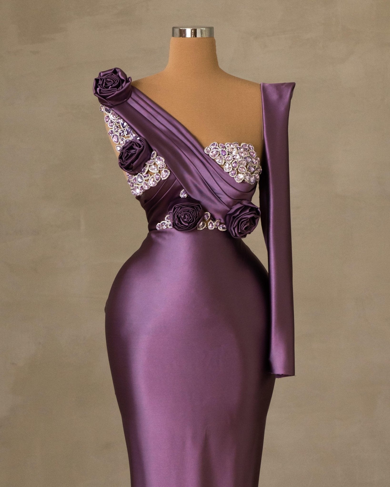 One Shoulder Dress in Purple Satin - Front View