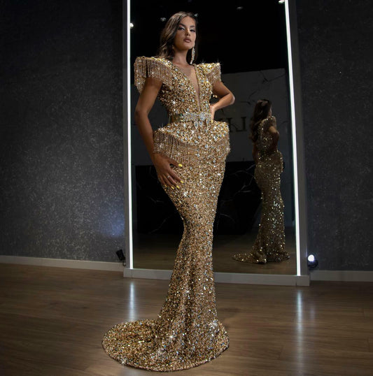 Rineona Gold Dress with Sequins and Stones