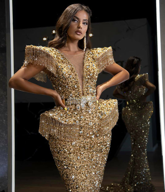 Rineona Gold Dress with Sequins and Stones