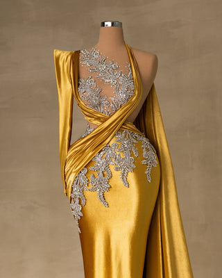 One Shoulder Gold Velvet Dress