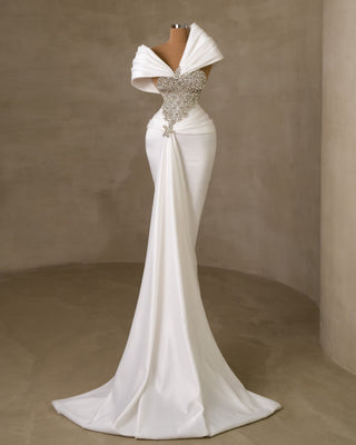 Asymmetrical Neckline Wedding Dress: Stones and Sophistication