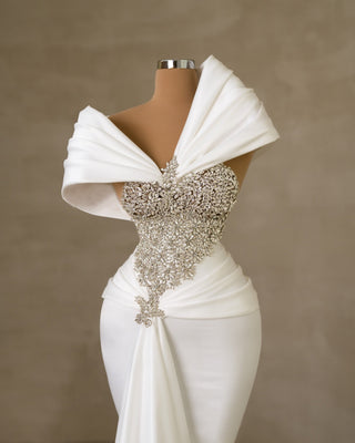 Chic Bridal Gown with Asymmetrical Neckline and Stone Embellishments
