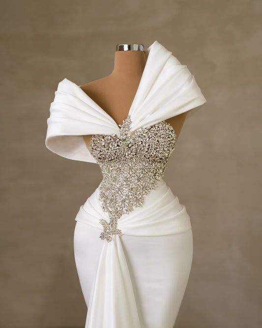 Chic Bridal Gown with Asymmetrical Neckline and Stone Embellishments