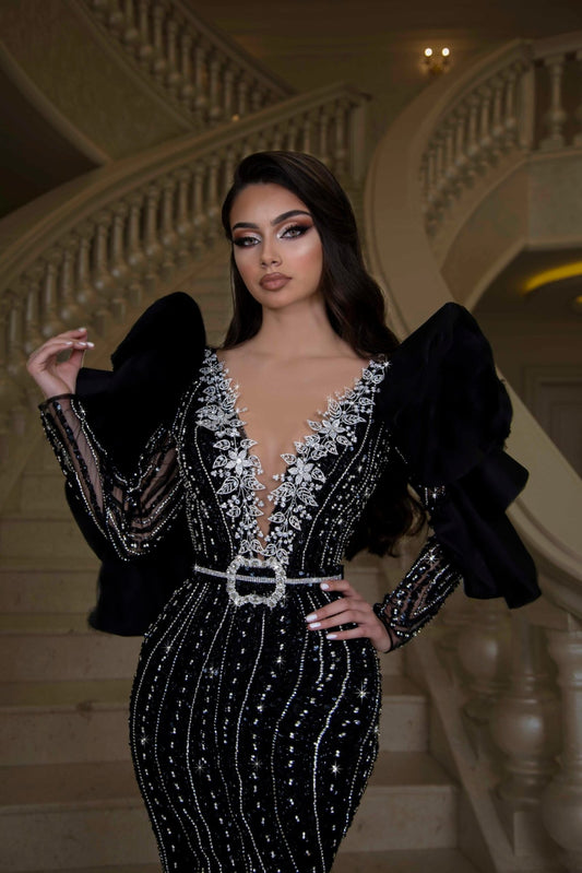 BlackCrystalsDeep V NecklineWomen - Blini Fashion House