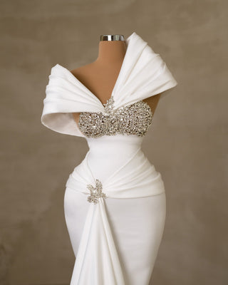 Stone-Embellished Asymmetrical Neckline Wedding Gown