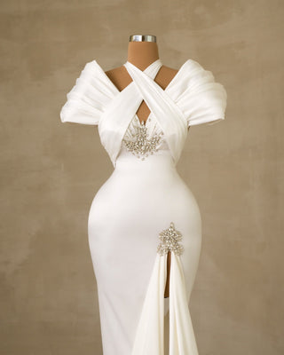 Deep Slit Bridal Dress: Stones Embellishments for Radiant Beauty