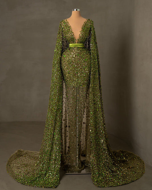 Green Evening Gown - Deep V Neckline, Side Capes, and Satin Belt
