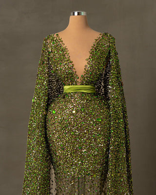 Long Green Dress with Luxurious Lace and Stone Embellishments