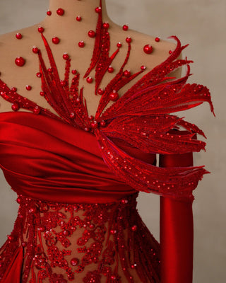 Close-up of Red Lace Bodice and Bead Embellishments