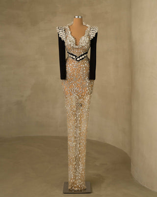 Elegant Dress Adorned with Shimmering Crystals on Long Sleeves